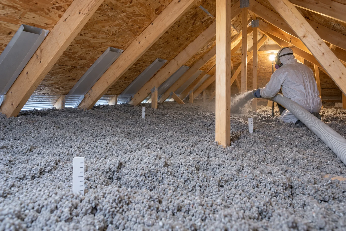 Entrepreneur soufflant une couche uniforme de cellulose dans un entretoit ventilé