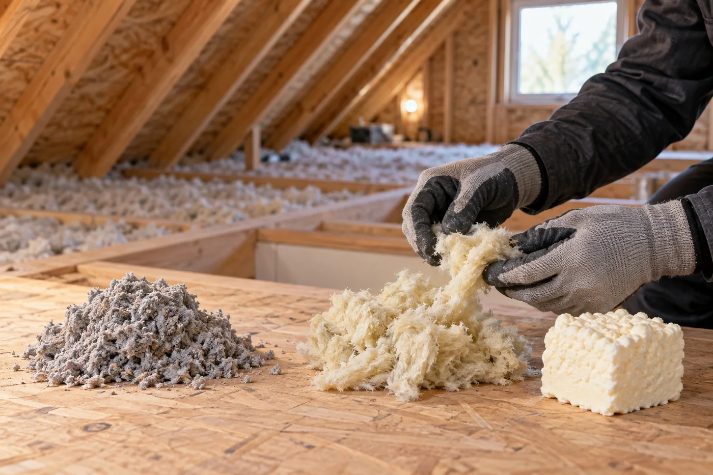 Comparaison de cellulose, de fibre minérale et d’un échantillon d’uréthane dans un entretoit