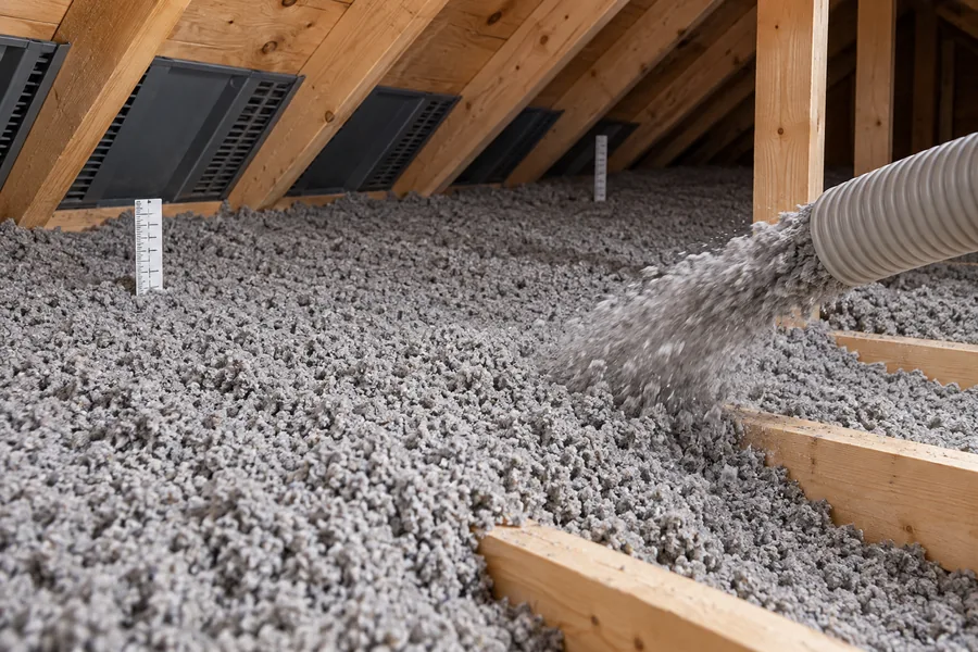 Cellulose grise soufflée uniformément sur le plancher d’un entretoit