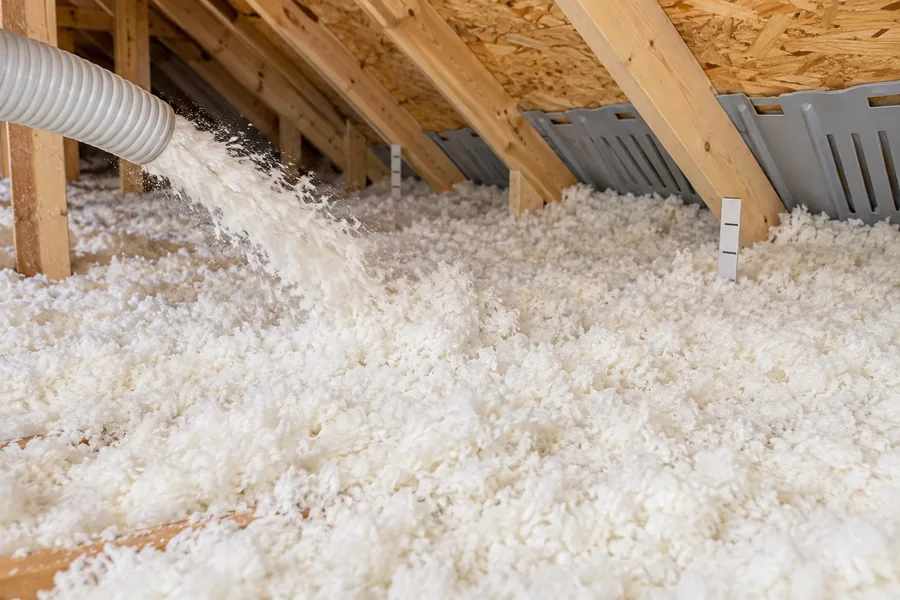 Fibre minérale pâle soufflée dans un entretoit résidentiel